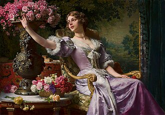 A lady in a lilac dress with flowers